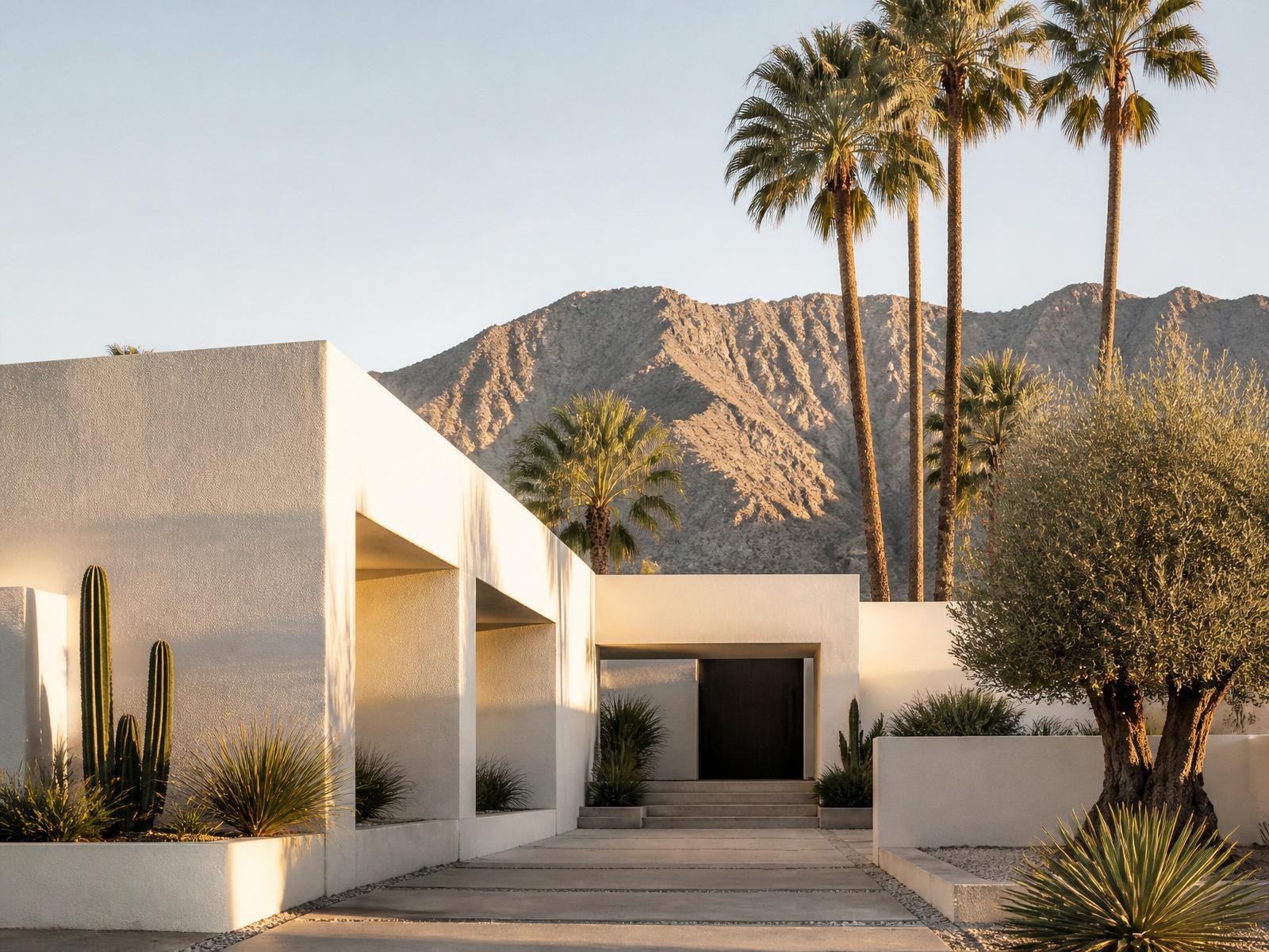 Desert modern architecture with white stucco walls, date palms and the Santa Rosa mountains near the firm's Palm Desert office